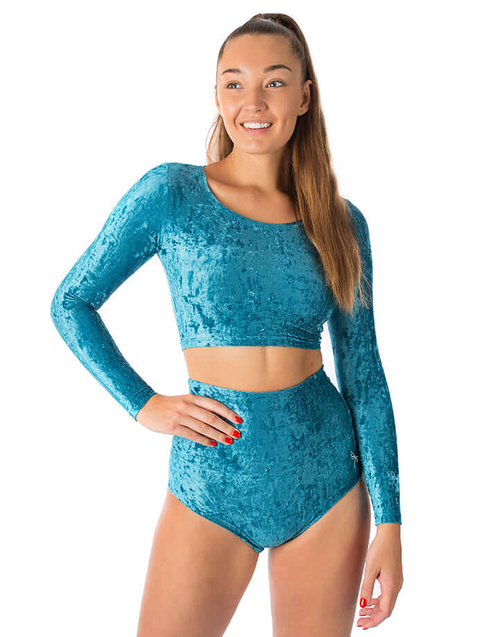 Velvet crop top Pavi | Crop Top | Color: turquoise velvet | Gymnastics crop top | Long Sleeve | Dragonfly Clothing and Yoga Wear