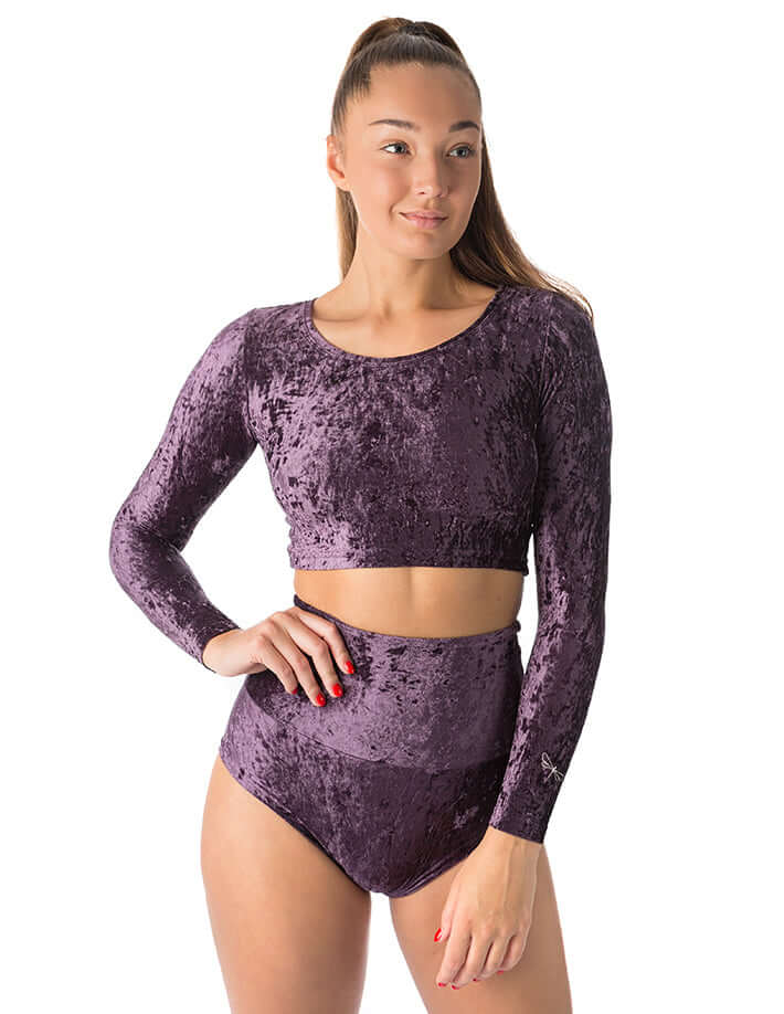 Velvet crop top Pavi | Crop Top | Color: purple velvet | Gymnastics crop top | Long Sleeve | Dragonfly Clothing and Yoga Wear