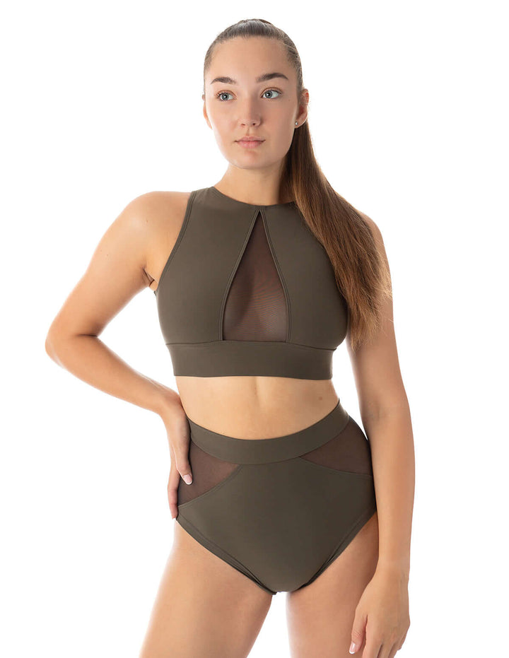 Mesh sports bra Rachel | Sports bra | Color: khaki / mesh | Women's sports bra | Dragonfly Pole Dance Clothes and Bikram Hot Yoga Outfit