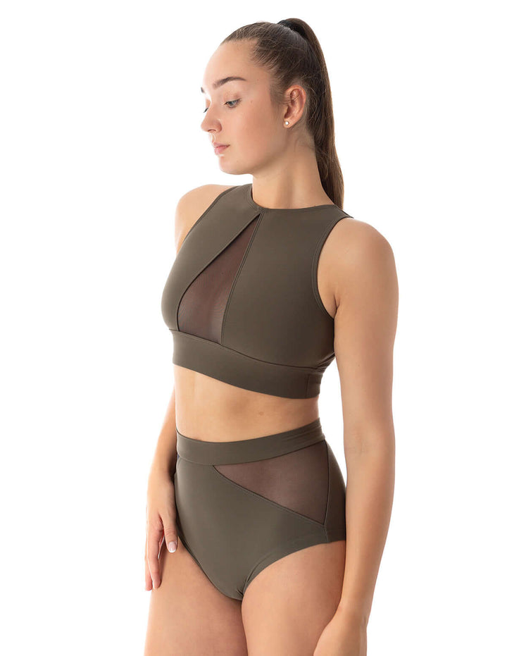Mesh sports bra Rachel | Sports bra | Color: khaki / mesh | Women's sports bra | Dragonfly Pole Dance Clothes and Bikram Hot Yoga Outfit