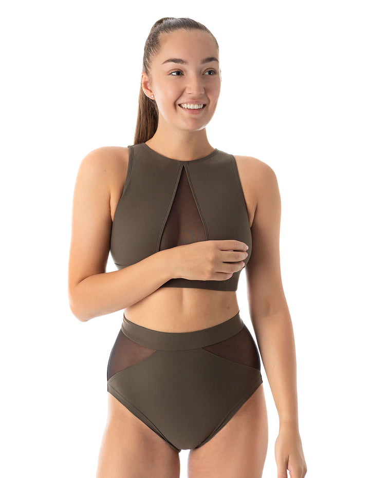 Mesh sports bra Rachel | Sports bra | Color: khaki / mesh | Women's sports bra | Dragonfly Pole Dance Clothes and Bikram Hot Yoga Outfit