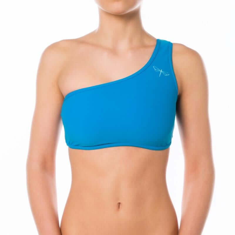 One shoulder sports bra Carmen | Sports bra | Color: azure | Women's sports bra | Dragonfly Pole Dance Clothes and Bikram Hot Yoga Outfit