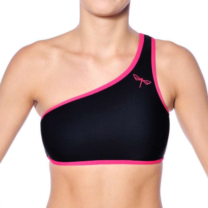 One shoulder sports bra Carmen | Sports bra | Color: black / pink | Women's sports bra | Dragonfly Pole Dance Clothes and Bikram Hot Yoga Outfit