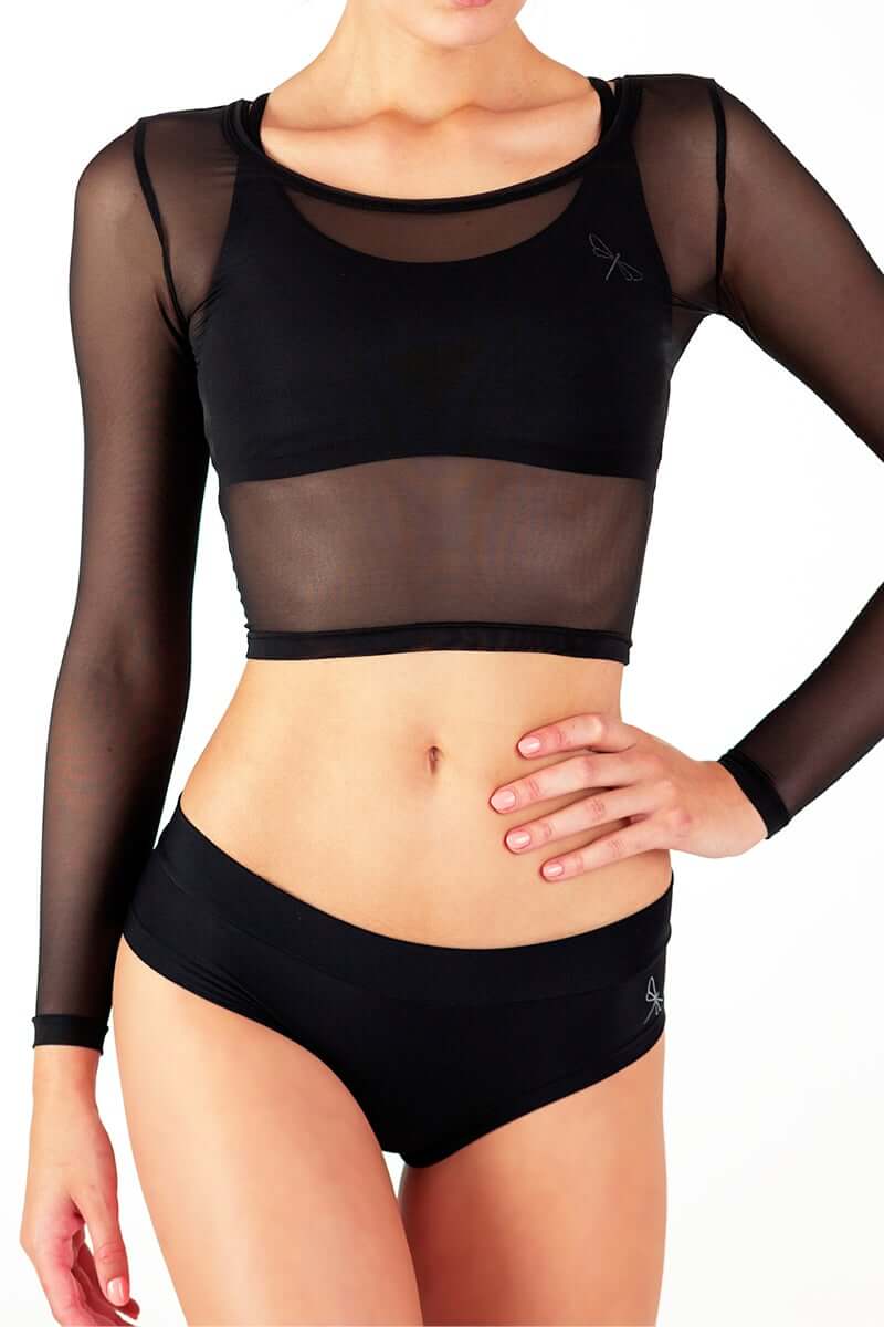 Sportovní tylový crop top Pavi v černé barvě s dlouhým rukávem a průhledným tylem