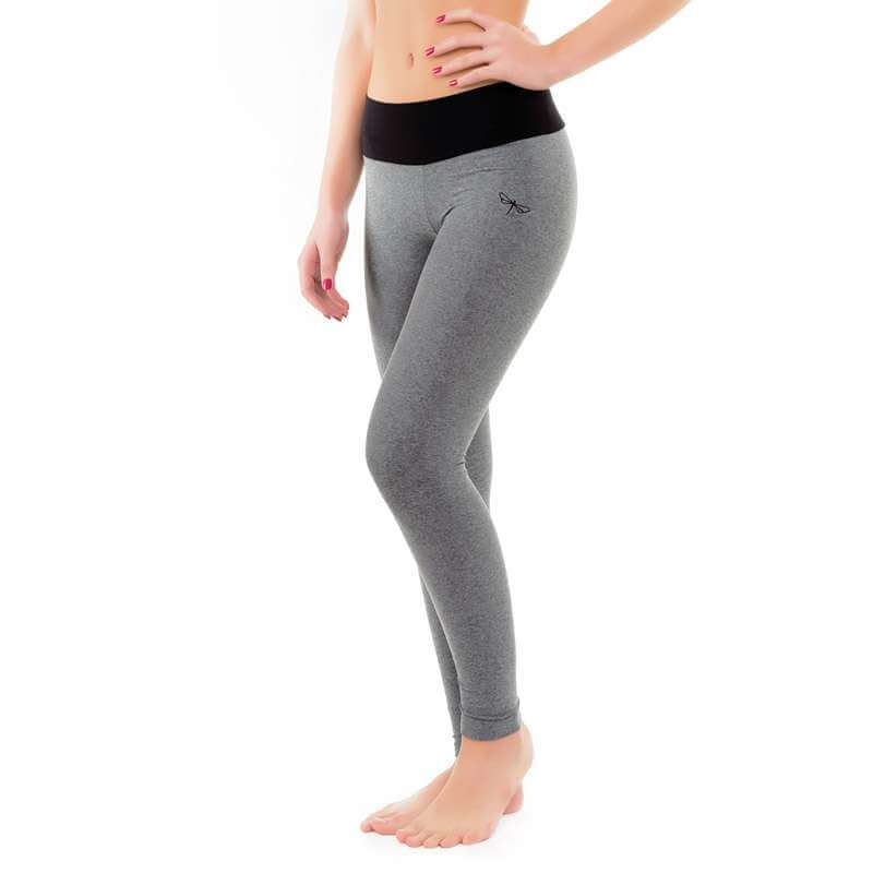 Mid rise leggings, full-length yoga leggings in gray with a black waistband, designed for comfort and mobility.